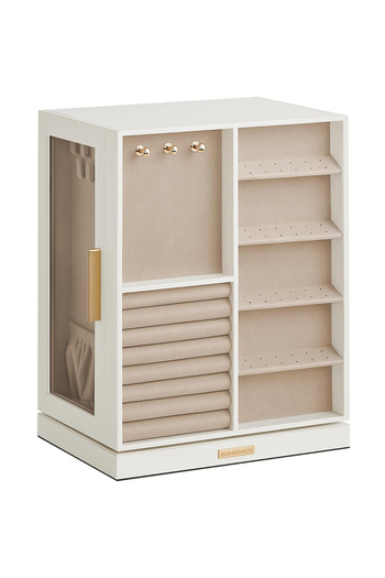 SONGMICS 360° Rotating Jewelry Box, with 5 Drawers and Windows, MDF and Velvet, 22x16x29 cm, White