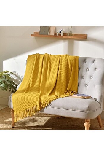 COOYA Art Knitted Stripes Blanket,Tassel Design Soft Blanket Polyester,Yellow,125x(150+10x2Tassels)cm