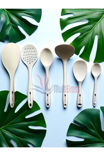 Multiamo Heat Resistant Silicone Colander Ladle Spatula Spoon Set (30-28-22-20 cm) 6 Pieces