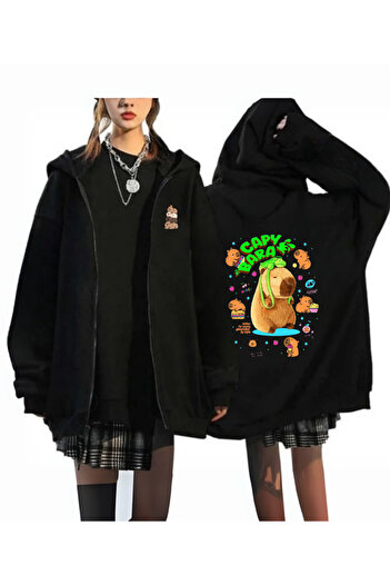 Touz Moda Capibara Printed Oversize Zippered Black Unisex Hooded Cardigan