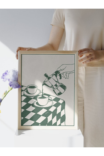studio duha Coffee Themed Minimal Poster – Retro Green Moka Pot and Cup Illustration Frameless Painting Decor
