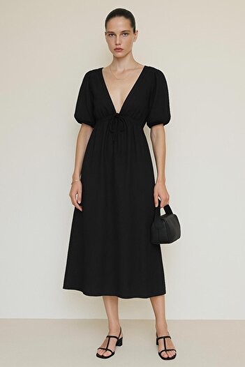 HAKKE Double-Breasted tie-up short sleeve muslin dress