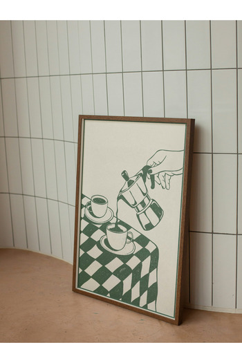 studio duha Coffee Themed Minimal Poster – Retro Green Moka Pot and Cup Illustration Frameless Painting Decor