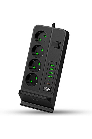 Timebox standard socket with switch 3000W, 4 x USB, 2 x Type-C, 4 sockets, Wireless phone station, 2m, Blac