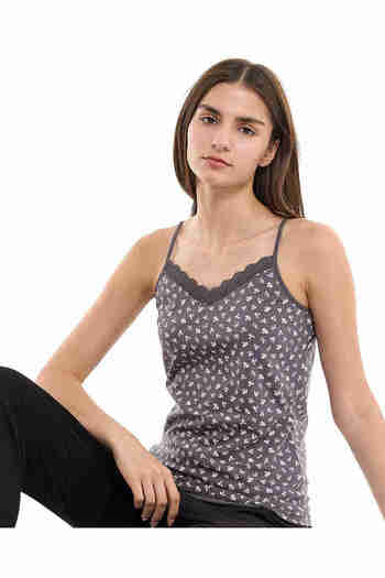 R&B Printed Lace Trim Camisole with V-Neck