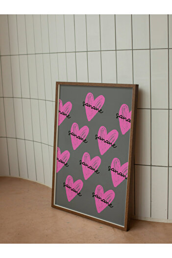 studio duha Pink Heart "Sanane" Written Frameless Wall Painting - Gray and Pink Colored Heart Minimalist Poster