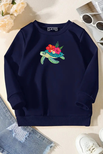 VBSVİBES Unisex Navy Blue Children's Crew Neck Sweatshirt – Turtle, Printed Thick Fabric