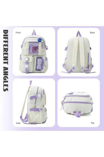 OEM Backpack, schoolbag for children, light and roomy, with badges, White with purple