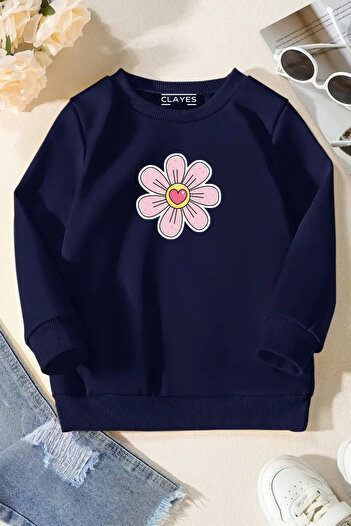 VBSVİBES Unisex Navy Blue Kids Crew Neck Sweatshirt – Daisy, Printed Thick Fabric