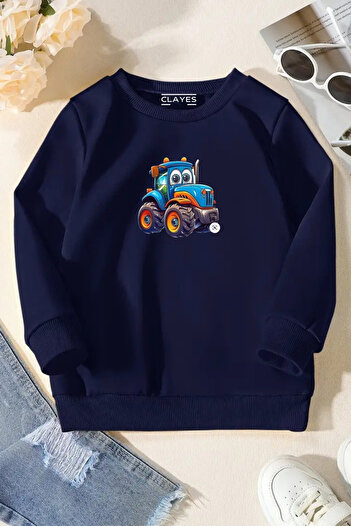 VBSVİBES Unisex Navy Blue Children's Crew Neck Sweatshirt – Tractor, Printed Thick Fabric