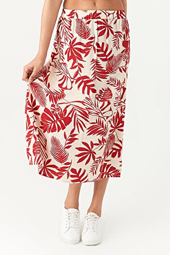 Select Moda Kadın Kırmızı Desenli Midi Etek