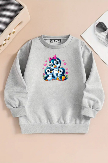 VBSVİBES Children's Gray Crew Neck Sweatshirt – 3-Piece Penguin Printed, Thick Fabric with Hood