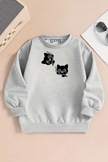 VBSVİBES Children's Gray Crew Neck Sweatshirt – 2-Piece Cat Printed, Thick Fabric with Embossed
