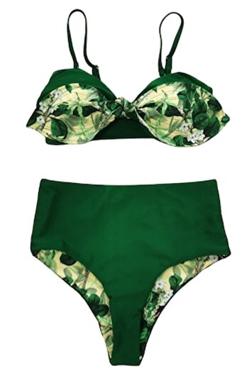 Mixbo Two-Piece High Waist Reversible Vintage Green Swimsuit, Size S
