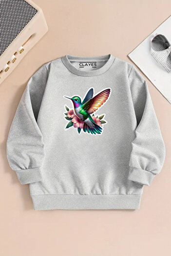VBSVİBES Children's Gray Crew Neck Sweatshirt – Sparrow Printed, Thick Fabric with Hood