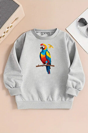 VBSVİBES Children's Gray Crew Neck Sweatshirt – Parrot Printed, Thick Fabric with Embossment