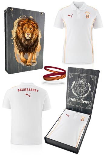 Galatasaray Original Licensed Polo Collar White Training T-Shirt + Bracelet Set Gift Wooden Box