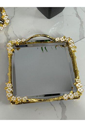Genel Markalar UK Home & Accessories Paslanmaz Gül Desenli İkili Sunum Tepsisi – Beyaz Mine İşlemeli