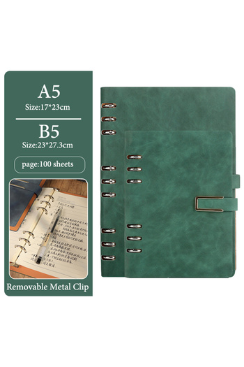 Choice A5 Green A5/B5 Loose-Leaf Notebook,Simple Business Soft Leather Cover,Removable Metal Clip,100 Sheet