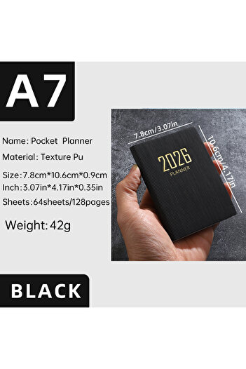 Choice A7 black A7 specification 2026 English planner book, mini portable pocket daily schedule book, 64 sh