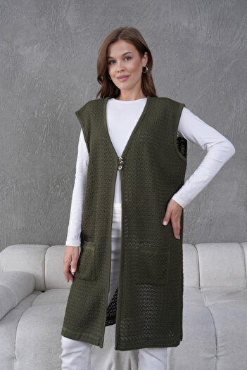 Lamierra Knitwear Openwork Mercerized Large Size Long Vest