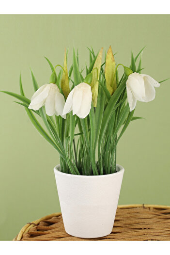 Koopman Planta artificiala Spring Lalea, Azay Design, flori albe de primavara in ghiveci alb inaltime 21cm