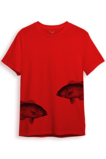 WİDİ Artistic Fish Pattern Simple and Modern Design Digital Printed 100% Cotton Regular Fit Unisex T-Shirt