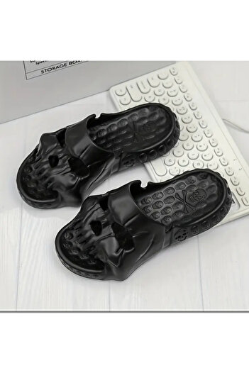 Phellos Unisex Slippers with Black Skull Design – Bone Themed 3D Embossed Model