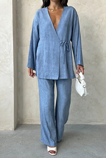 MD trend Kadın Bağlamalı Yırtmaçlı Kimono Pantolon Takım