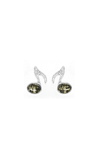 OEN Silver earrings with green amber, musical note pattern, screw fastening, length 11 cm