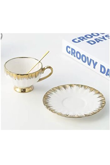 JOVY Set de ceașcă și farfurie din porțelan de 180 ml, lingură metalică, AURIE, Alb