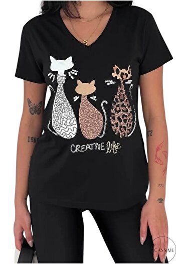 Cassime Women's Black V-Neck 3 Cat Sequins Sequin Embroidered 100% Cotton Plus Size T-Shirt Xl-2Xl-3Xl