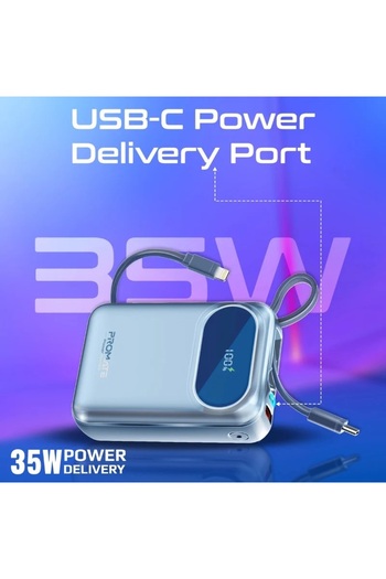 Promate Ultra Compact 35W SuperSpeed Power Bank20000mah with Built-In USB-C & Lightning Cable