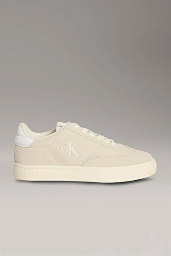 Calvin Klein Kadın Deri Bağlamalı Düz Taban Yuvarlak Burun Ck Desenli Bej Sneaker YW0YW01767-AD6