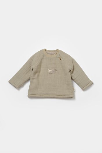 Magu Unisex Baby Cotton Green Lined Muslin Set - Lamb Embroidered Inner Furry Top and Pants with Pockets