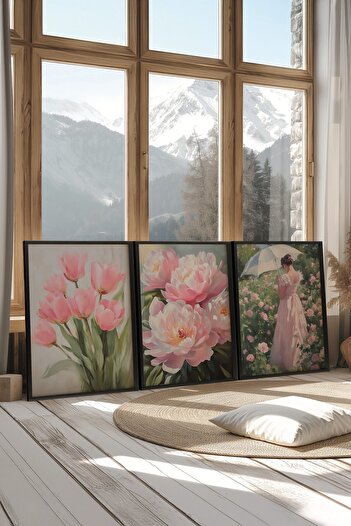 Postifull Black Painting Set, 3 Pieces Black Framed Poster Pinky Flower Model No:300894, Pink Wall Decor