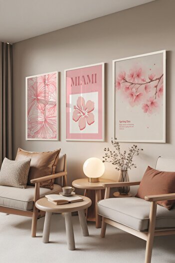 Postifull White Painting Set, 3 Pieces White Framed Poster Miami Model No:300799, Pink Wall Decor