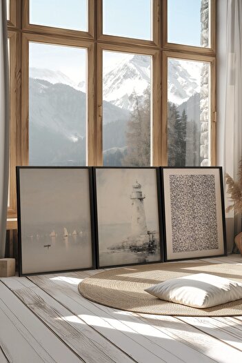 Postifull Black Painting Set, 3 Pieces Black Framed Poster Land Model No:300891, Gray and Blue Wall Decor