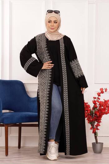Lyaly aljlabyh Al-Baraq Jalabiya, an open abaya with luxurious geometric embroidery in silver and black, for an elegant and modern look.