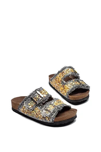 Raynok Women's Double Buckle Denim Leather Stone Comfortable Fit Orthopedic Slippers Gray