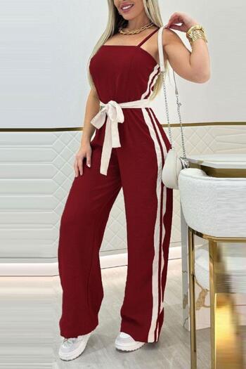 Mossta Thin Strap Belted Stripe Detailed Viscose Two Thread Jumpsuit - Claret Red