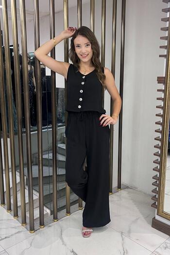 By Saygı Women's V-Neck Button Front Blouse Elastic Waist Pocket Palazzo Pants Ayrobin 2 Piece Set