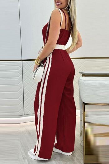Mossta Thin Strap Belted Stripe Detailed Viscose Two Thread Jumpsuit - Claret Red