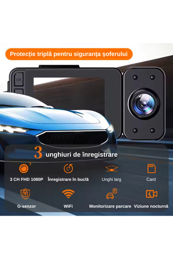 MILARIS Camera Auto Bord, WIFI, 3 Unghiuri de Inregistrare, Full HD 1080P, WiFi, G-senzor
