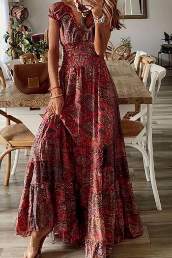 Mossta Double Breasted Collar Chest Gipeli Patterned Long Single Jersey Dress - Red