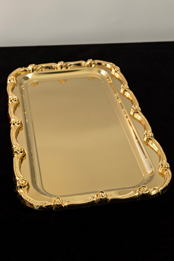 Yaren Style Gold Rose Detailed Framed Presentation Tray |   33X18 cm Stainless Steel Luxury Coffee Tray