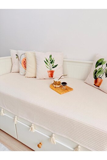 AYDER HOME Püsküllü Divan Örtüsü, Pike, Yatak Örtüsü, Koltuk Örtüsü (Açık Bej)