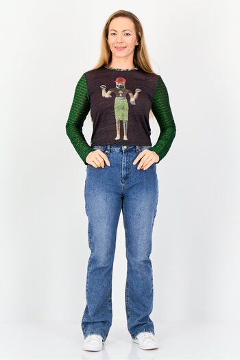 Desigual Women Crew Neck Long Sleeve Graphic Print Top, Multicolor