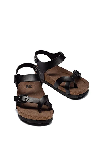 Raynok Women's Leather Daily Sandals Double Strap Slippers Eva Sole Poly Orthopedic Black