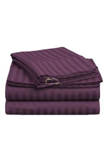 HomePuls Elastic Fitted Sheet Damask Cotton 100% Stripe 1 cm, 190 x 250 cm for a Mattress 140 x 200 cm, Purpl